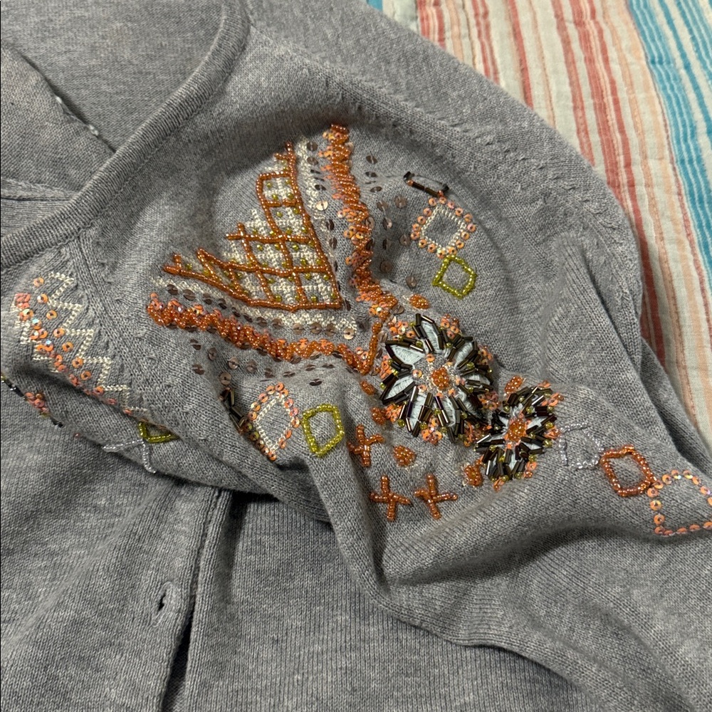 Sundance Embellished Light Gray Cardigan with Multicolor Beading - Picture 3 of 7